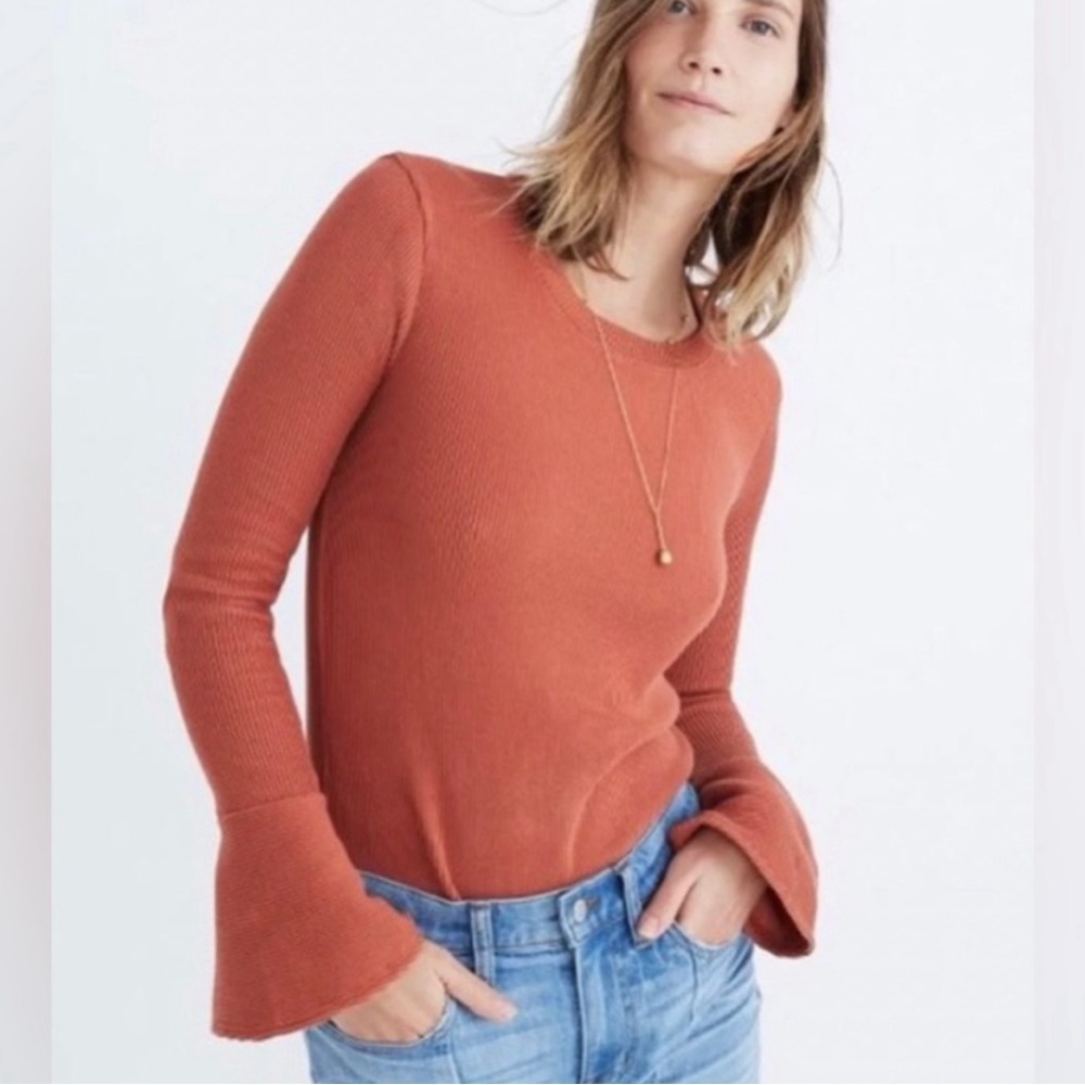 Madewell top burnt orange crewneck‎ long bell sleeve blouse ribbed MEDIUM XL
